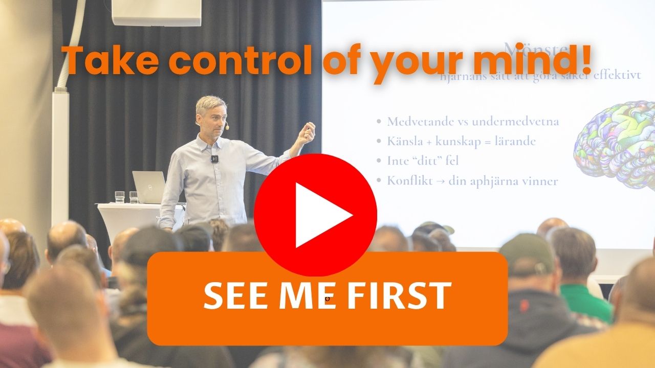Jonas Höglund presenting how the brain works during a professional workshop, with a play button overlay and the text “Take control of your mind”